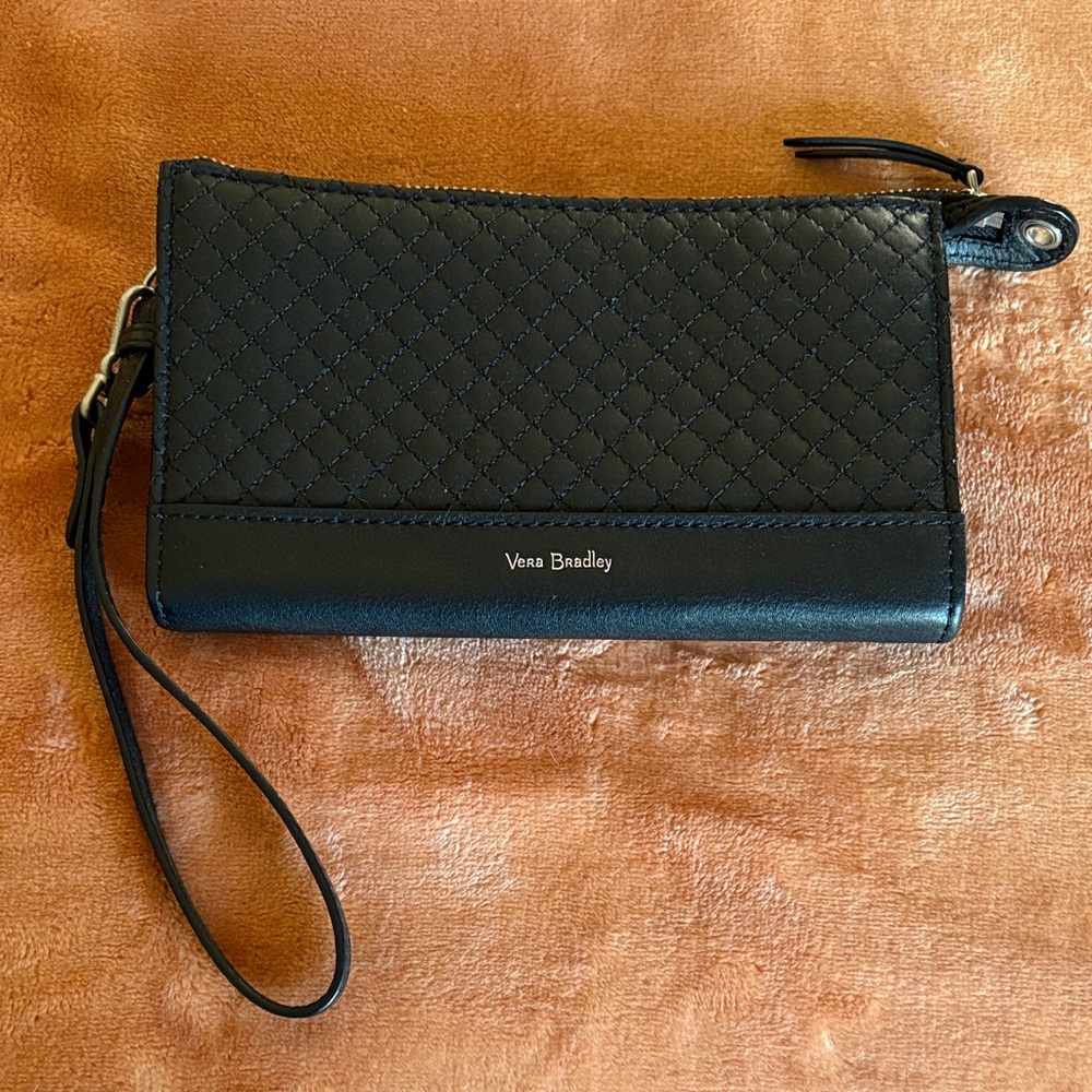 Vera Bradley Black Leather Quilted Wristlet with Strap